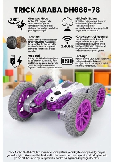 Uzaktan Kumandalı 7 Fonksiyonlu Işıklı Şarjlı Duman Atan 360 Derece Dönebilen Oyuncak Akrobat Araba Mor