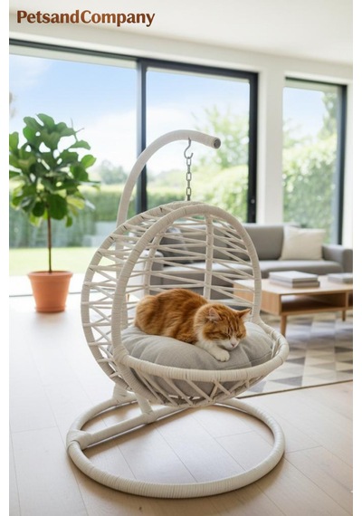 El Örgüsü Kedi Salıncağı Krem Hamak Ve Yatak, Kadın Emeği Lüks Tasarım Kedi Evi, Minderli