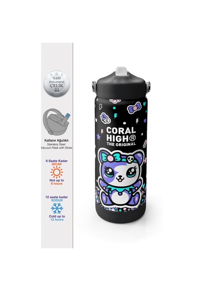 Coral High Siyah Ayıcık Desenli Katlanır Ağızlıklı Çelik Termos 650 Ml 38324 Siyah