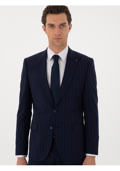 Cacharel Koyu Lacivert Slim Fit Çizgili Kırlangıç Yaka Yün Takım Elbise