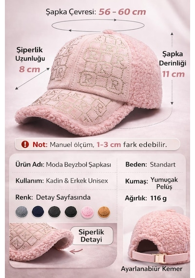 Valkyrie Peluş Şapka Kadın Pembe Renk Taş Detaylı Kışlık Şapka Ayarlanabilir Pembe Pembe