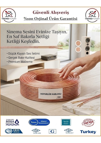 Trendhomm 2x0,75 Bitişik Hoparlör Tesisat Kablosu - %100 Bakır - Şeffaf - 30 Metre
