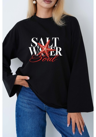 Medinenur Kadın Deniz Yıldızı Salt Water Baskılı Geniş Kollu Oversize Body Siyah