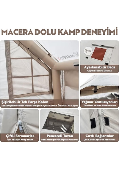 Madfox Bigless Glamping Cotton Inflatable Şişme Çadır Baca Çıkışlı Bej