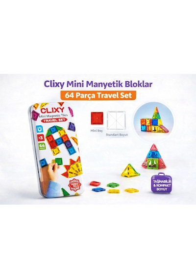 Clixy Mini Manyetik Bloklar 64 Parça Travel Set Taşınabilir Eğitici Stem Oyuncak