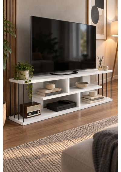 Sulorahome 140 Cm Tv Unit With Shelves And Metal Side Supports Beyaz
