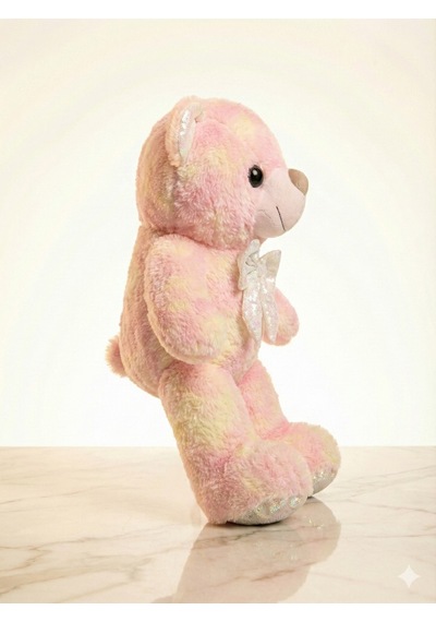Batik Desenli Ve Payetli Nano Peluş Ayı - Pembe Sarı Renk Geçişli, Işıltılı Fiyonklu Yumuşak Oyuncak Açık Pembe