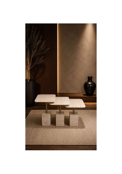 Modern Zigon Sehpa Trio Yan Sehpa Servis Sehpası Traveten Desen %100 Mdf Gri Gri