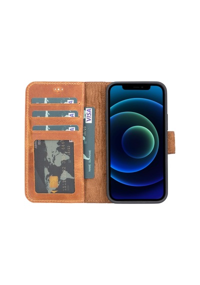 Plm Apple İphone 13 Mini Uyumlu Deri Cüzdanlı Kılıf G19 Taba Acı Kahverengi