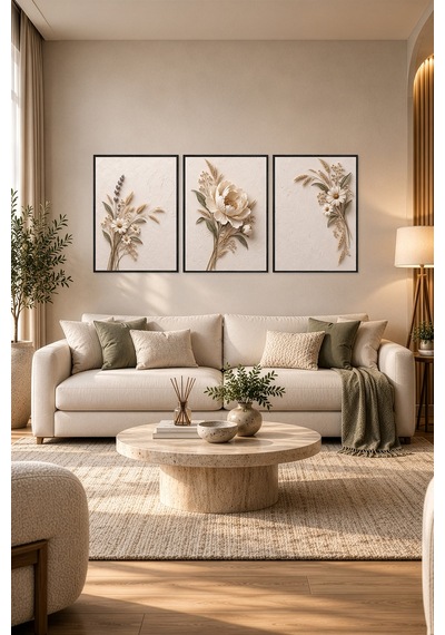 Siyah Çerçeveli Ivory Meadow Peony 3 Lü Ahşap Çerçeveli Mdf Tablo Seti Şakayık, Lavanta Ve Papatya Kuru Çiçek Temalı Kabartma Görünümlü Renk: Siyah