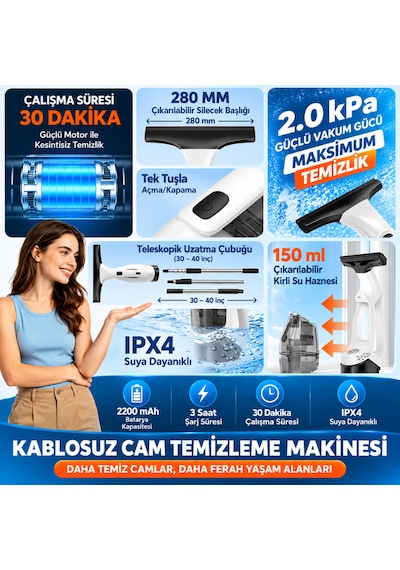 Şarjlı Cam Silme Makinesi Vakumlu Cam Temizleme Makinesi Cam Silecek Pencere Ayna Araç Camı Temizleyici Beyaz
