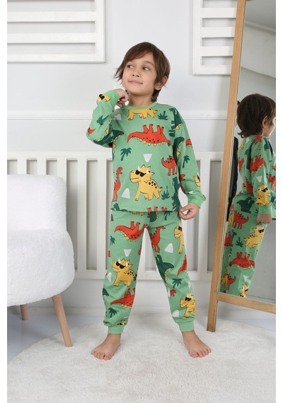 Zuzunga Dinozor Desenli Erkek Çocuk Pijama Takımı Yeşil Yeşil1