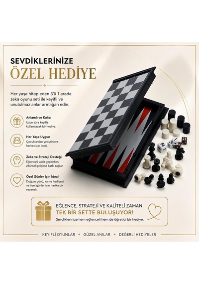 Manyetik Satranç Dama Tavla 3'lü Set 32 Cm Katlanabilir Taşınabilir Zeka Oyunu Eğitici Oyun
