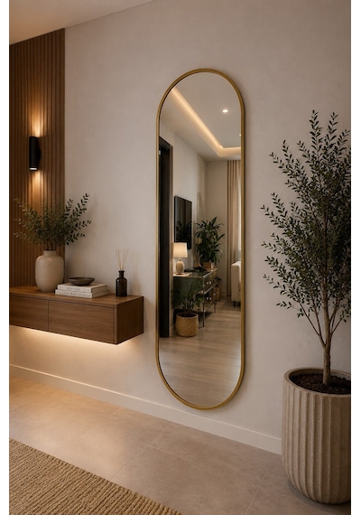 Effe Gold Metal Çerçeveli 180x60 Cm Elips Model Ayaklı Boy Aynası