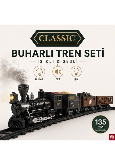 Işıklı Sesli Buharlı Tren Seti 30 Parça Gerçek Buhar Efektli, Klasik Lokomotif Oyuncak Tren 135 Cm Ray