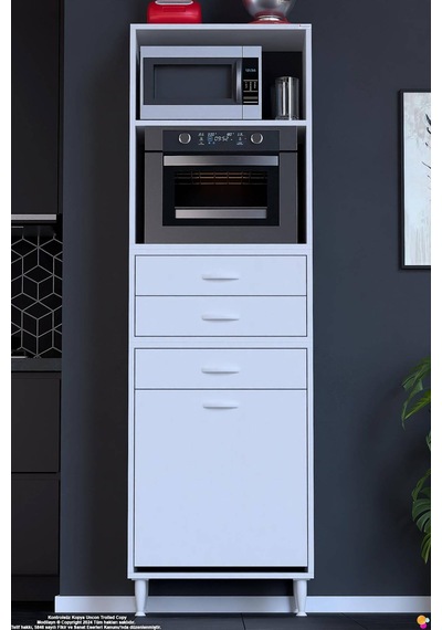 Kumsal 65 Cm Fırın Dolabı Beyaz 3 Çekmeceli Sepetli Çok Amaçlı Mutfak Kiler Dolabı 65x194x32 Cm