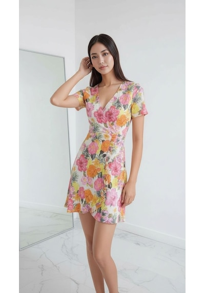 Mamayaga Kadın Kruvaze Yaka Volanlı Etek Bele Oturan Desenli Casual Şık Mini Elbise Pembe