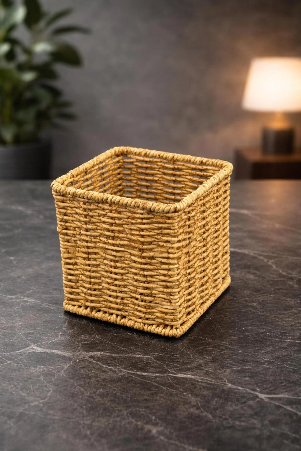 Hasır Rattan Kaşıklık Organizer Masa Tezgah Üstü Kare 11cm Açık Kahverengi