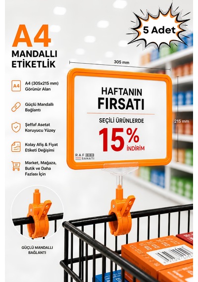 5 Adet - A4 Mandallı Fiyatlık Etiketlik Sepet Raf Askılık Fiyat Etiketi Çerçeveli Market Mağaza Turuncu