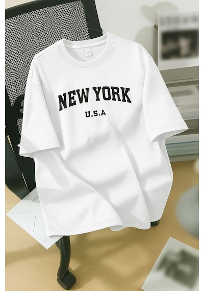 New York U.s.a. Baskılı Unisex Tişört BEYAZ