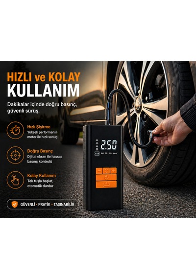 Kablosuz Hava Pompası 6000 Mah Şarjlı Dijital Ekranlı Lastik Şişirme Kompresörü Araç Bisiklet Motor Top Siyah