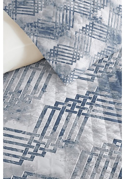 Mavi Geometrik Genç Odası Tek Kişilik Pike Takımı - Gri Minimal 160x220 Cm Kapitone Yatak Örtüsü Bordo