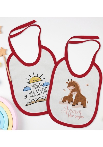 BK Kids Annem Her Şeyim Tasarımlı 2’li Kırmızı Mama Önlüğü-1 Kırmızı