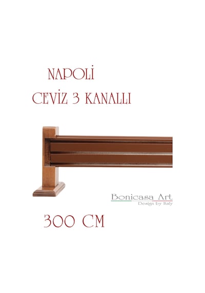Napoli Ahşap Başlıklı 3 Kanallı Alüminyum Dekoratif Ray Korniş Modern Rustik Ceviz 300 Cm Ceviz