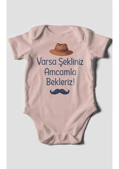 Morivokids Varsa Şekliniz Amcamla Bekleriz Kısa Kollu Bebek Body %100 Pamuk Pastel Pembe