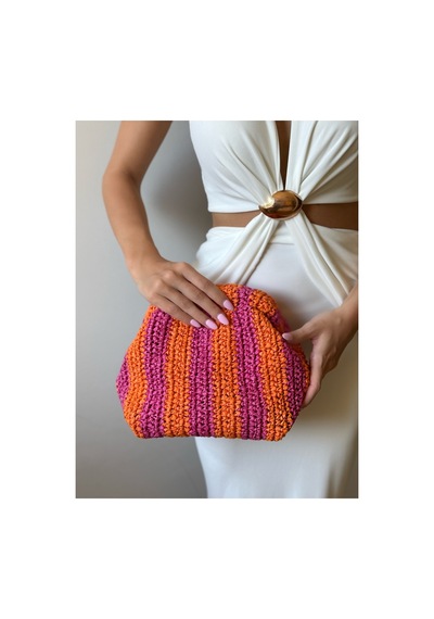 La'bien El Örgüsü Kağıt İp Clutch Çanta Turuncu Fuşya Çizgili El Yapımı Kadın Çanta Turuncu Turuncu