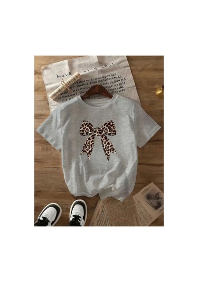 Medinenur Leopar Desenli Kurdele Detaylı Basic T-shirt Gri