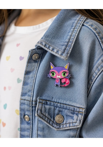 Mor Pembe Sevimli Kedi Figürlü Metal Rozet Çanta Kıyafet Aksesuarı Hediye Gri