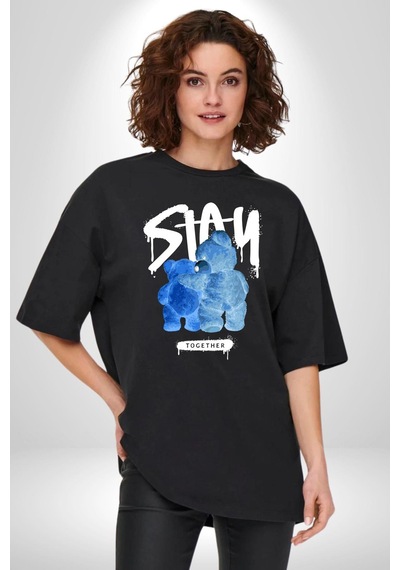 Birlikte Kal Pamuklu Bisiklet Yaka Unisex Oversize Boyfriend Dijital Baskılı Siyah T-shirt Siyah