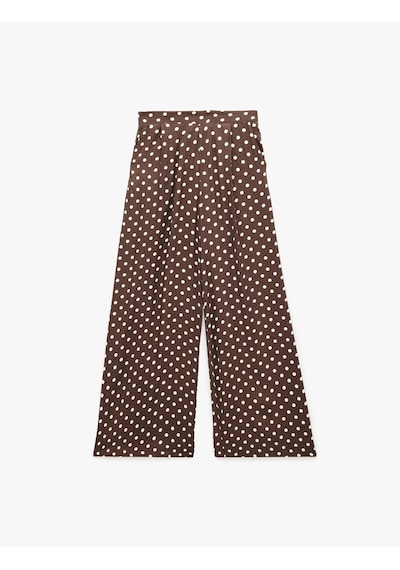 Koton Koton X Melis Ağazat - Viskon Kumaş Cepli Geniş Paça Baggy Puantiyeli Saten Pantolon Kahverengi Desenli 6sak40237ew