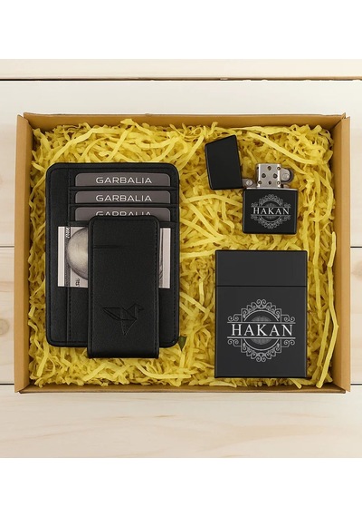 Bk Gift Kişiye Özel Garbalia Hakiki Deri Mıknatıs Kapaklı Cüzdan Kartlık & Sigara Kutusu & Çakmak Hediye Seti-1 Babalar Günü Hediyesi, Erkeklere Öze