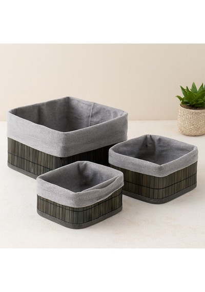 Kare Bambu Kenarlı Organizer Sepet - Bezli Ahşap Taban 3 Boy, 17x21x25 Cm Çok Renkli