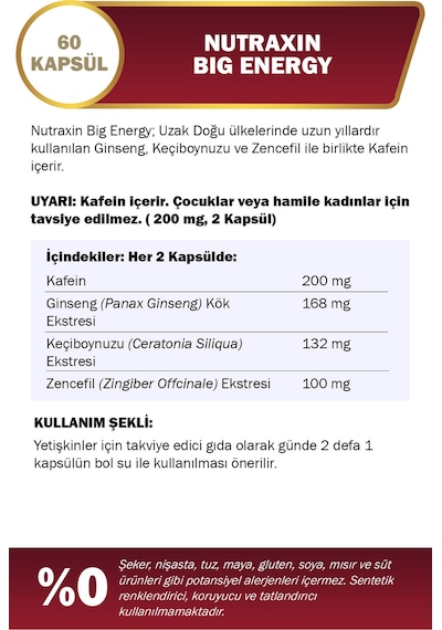 Nutraxin Big Energy - Vitamin Takviyesi 60 Tablet - Kafein Panax ginseng Keçiboynuzu Zencefil