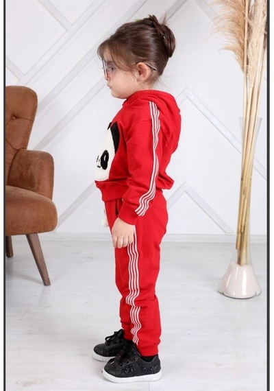 Quzucuk Kids Kız Çocuk Panda Figürlü Kırmızı Eşofman Takımı Çok Renkli