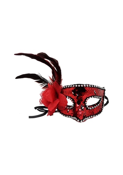 Mey İthalat Kırmızı Renk Yandan Tüylü Güllü Gümüş Taşlı Pullu Maske 20x22 Cm