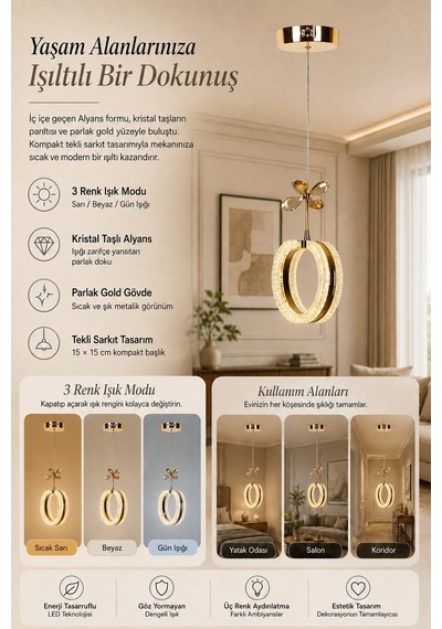 Tekli Alyans Gold 3 Renk Modlu Kristal Taşlı Ledli Sarkıt Avize Altın