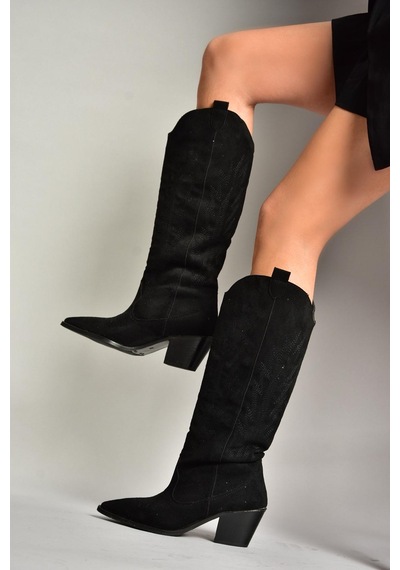 Fox Shoes T267765202 Siyah Süet Kovboy Model Kadın Çizme Siyah-Süet