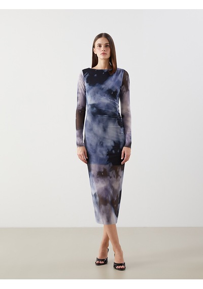 Lcw Vision Lacivert Bisiklet Yaka Batik Desenli Kadın Bodycon Elbise
