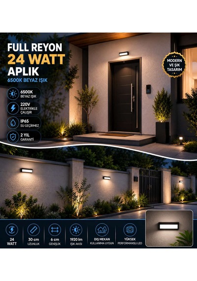 Elektrikle Çalışır, 24 Watt 6500 Kelvin Beyaz Işık İç Ve Dış Mekan Kapı Girişi Bahçe Duvar Led Aplik Beyaz - Siyah