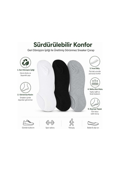 Genel Erkek Geri Dönüşüm İplikli 12 Li Görünmez Sneaker Çorap, İnce Dikişli, Ne Çok Renkli 12'li / 39-44
