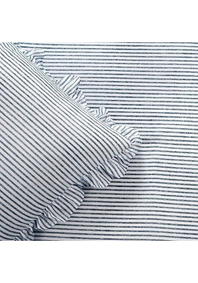 Ticking Çizgili Yatak Örtüsü Lacivert Vintage Şık Çiftlik Evi Tarzı Hafif 3 Parça Set King, Polyester Çok Renkli