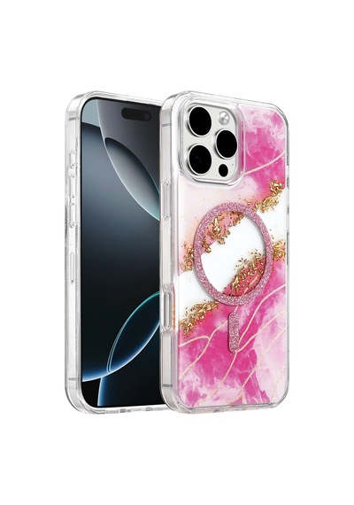 Onegif Apple İphone 16 Pro Max Lotus Simli Magsafe Kapak - Pembe - Pembe