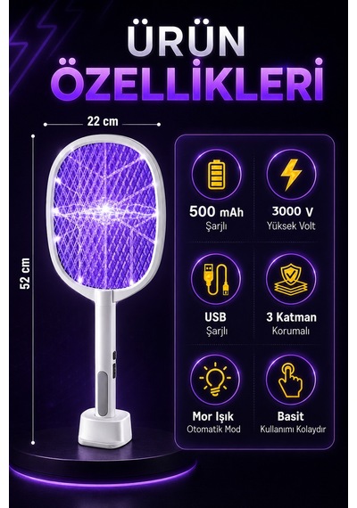 7/24 Şarjlı Elektrikli Sinek Raketi Standlı Sivrisinek Haşere Öldürücü Sineklik Haşere Aleti Z103