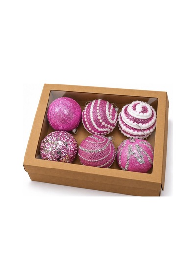 Lüks Kutulu 6'lı Yılbaşı Ağacı Topu 8 Cm - Pembe Desenli Design Top Seti Diğer