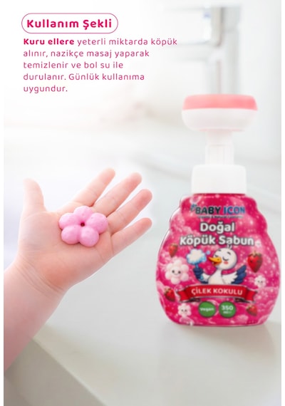 Baby İcon Doğal Çocuk Köpük El Sabunu 350 Ml Çilek Kokulu Vegan Parabensiz Çiçek Şekilli Pembe Köpük