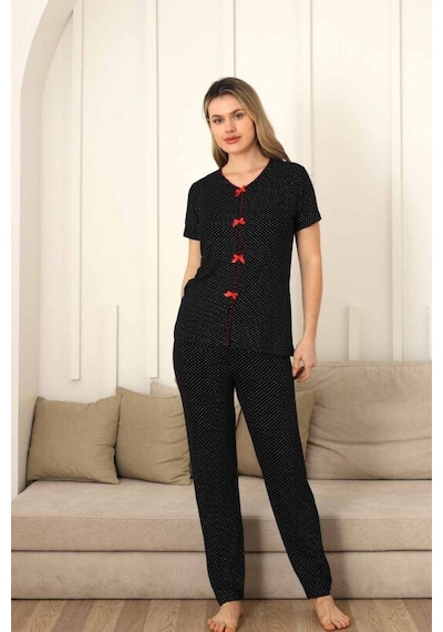 Monox Kadın Kırmızı Fiyonklu Beyaz Puantiyeli Kısa Kol Pijama Takımı Siyah
